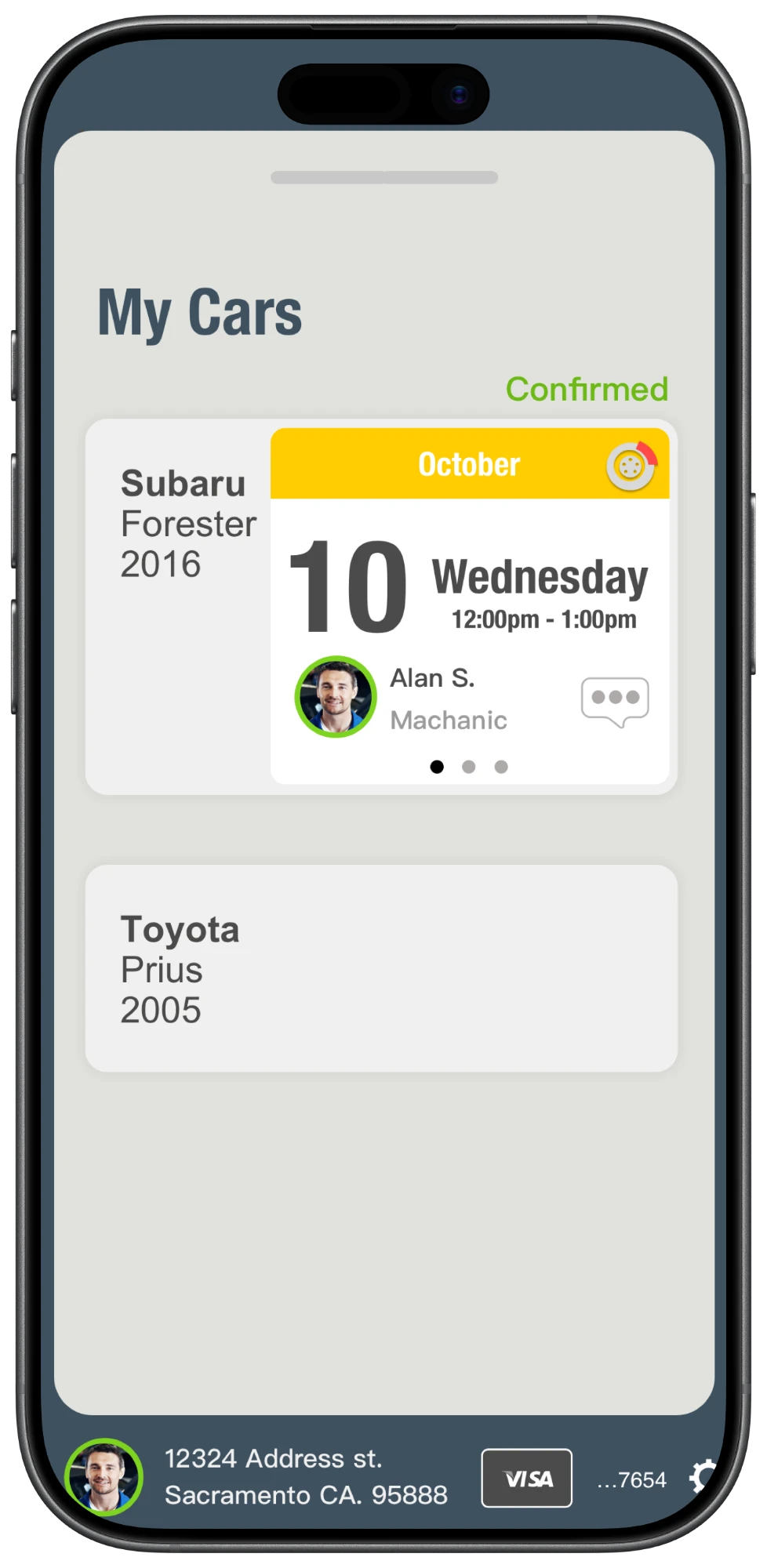 My Cars: a confirmed brake service on Wednesday, October 10, from 12 to 1, with the pro and a chat button