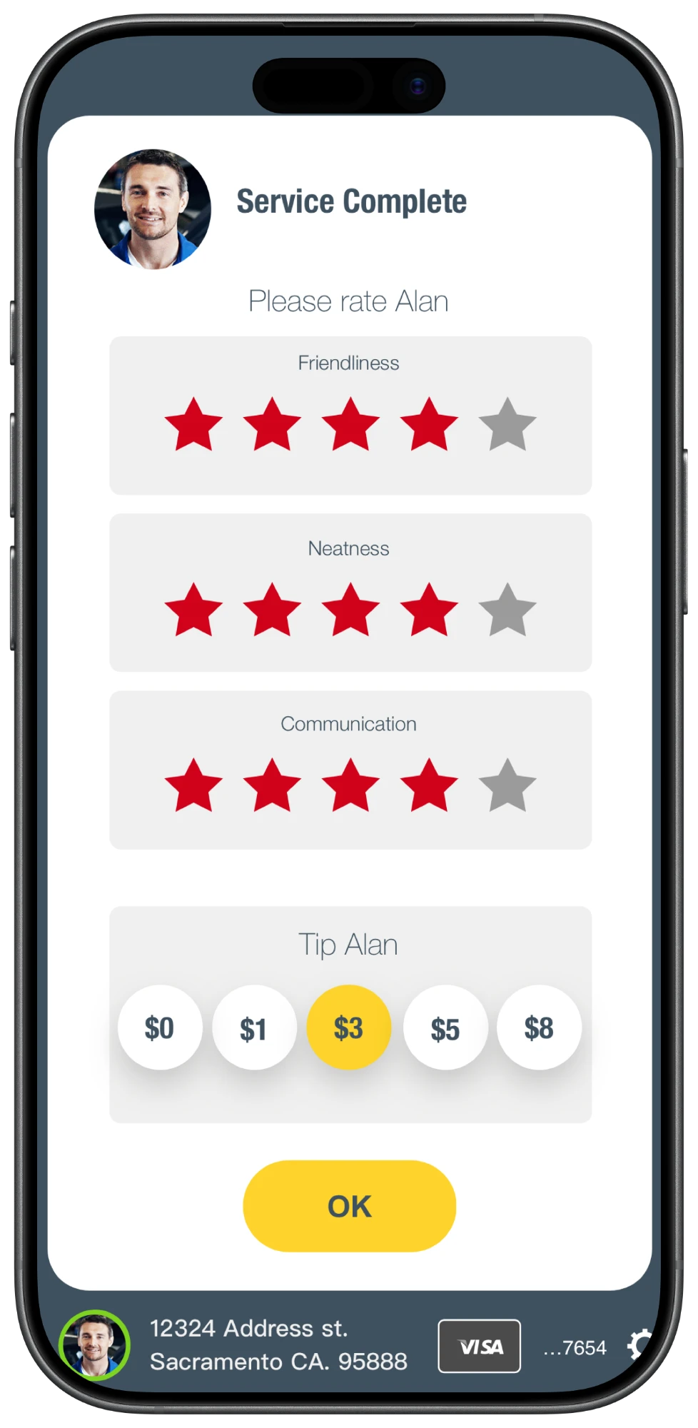 Service complete: friendliness, neatness and communication rated, and a $3 tip selected
