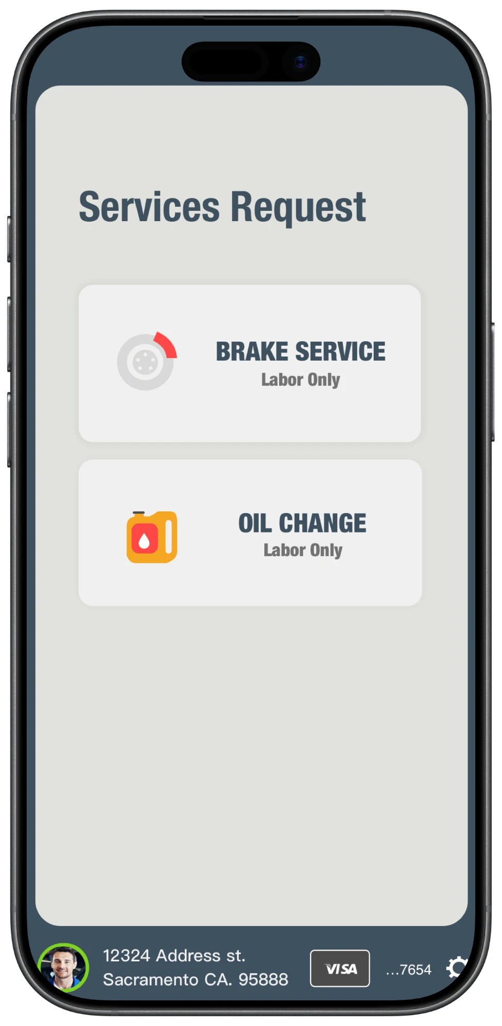 Services request: brake service and oil change, with the address and card pinned below