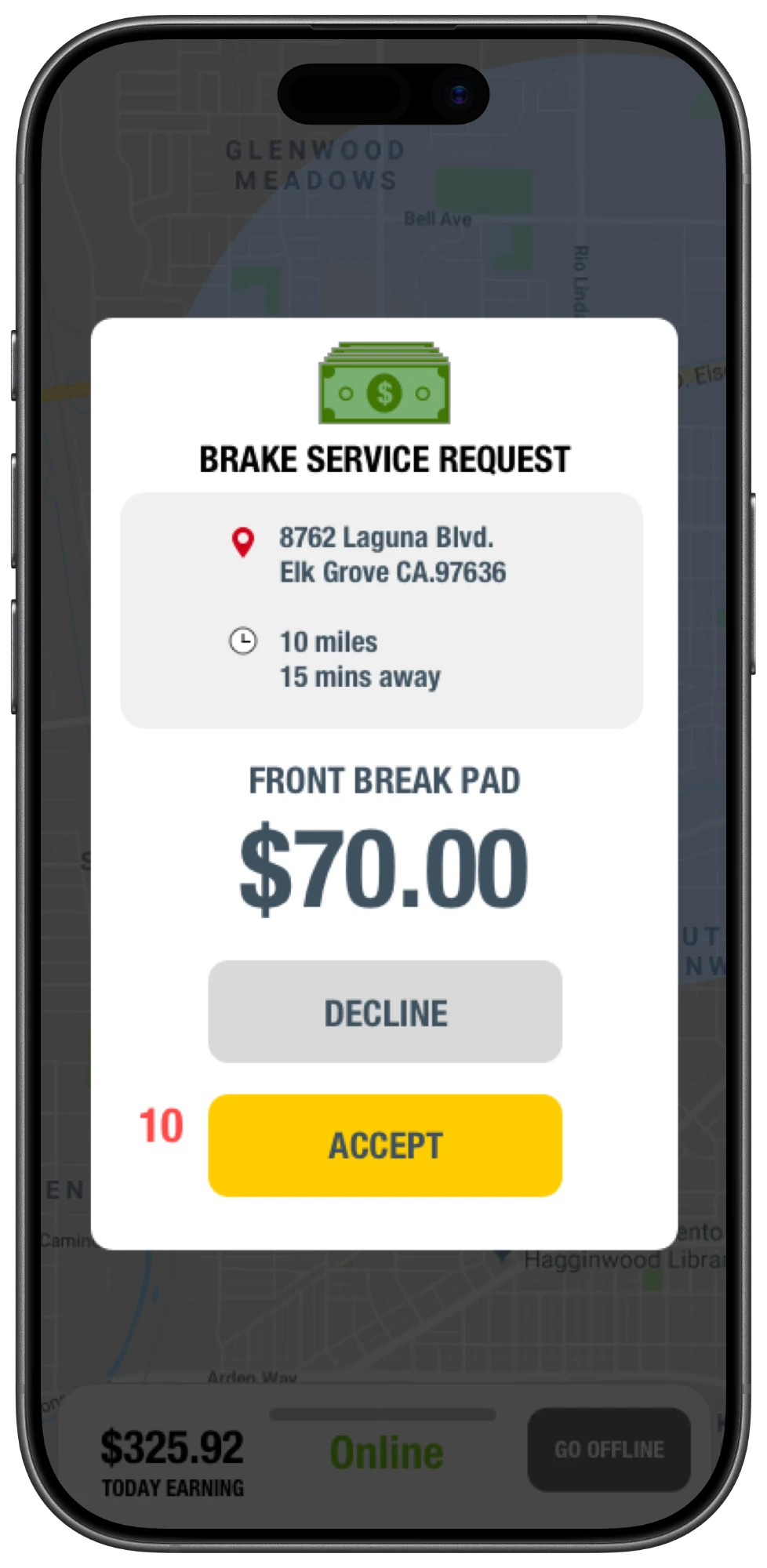 Brake service request: 10 miles, 15 minutes away, $70.00, with a 10 second countdown