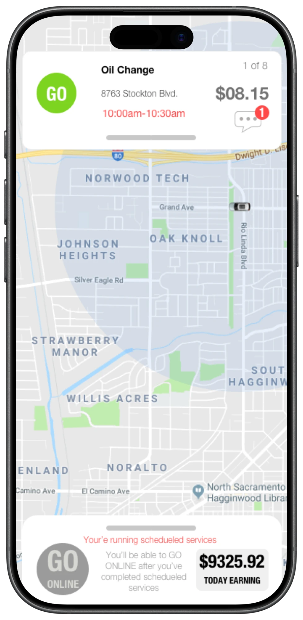 Scheduled services on the map, 1 of 8, with Go Online disabled