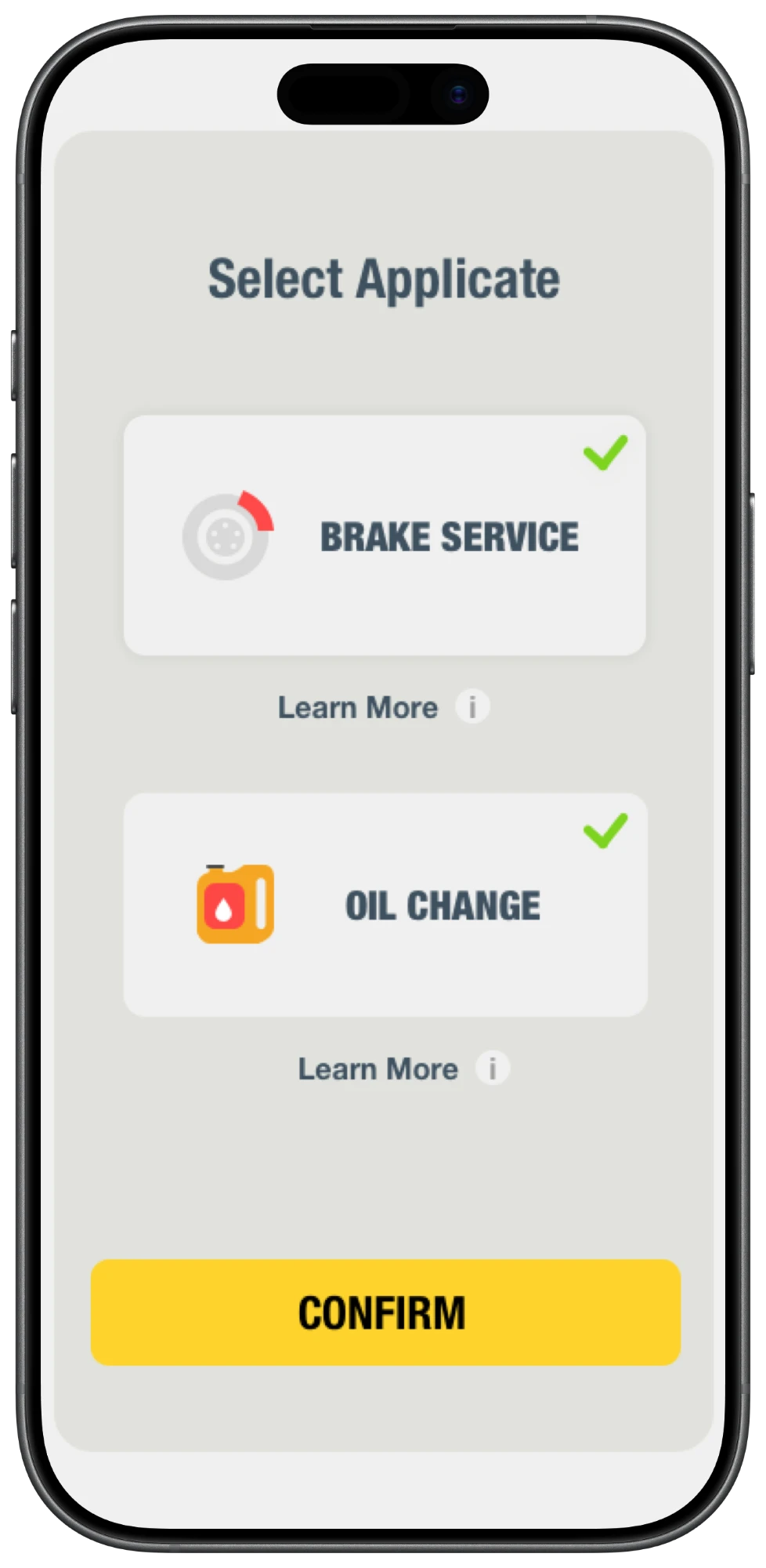 Select services: brake service and oil change, both ticked