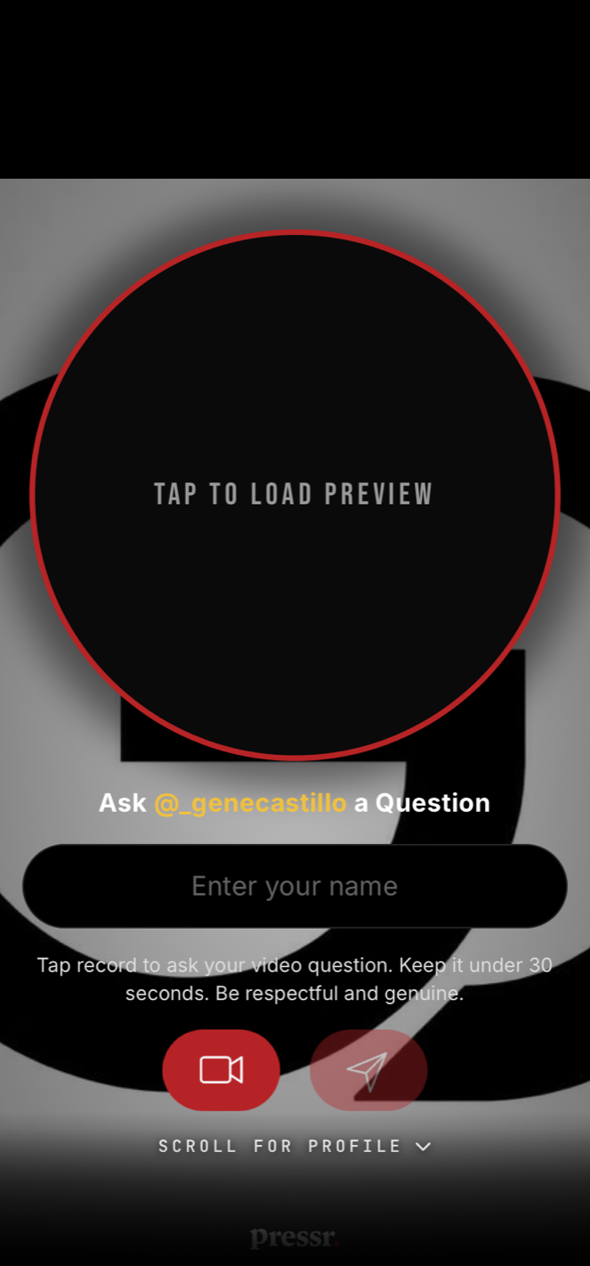 An athlete’s public profile, with the record-a-question portal at the top