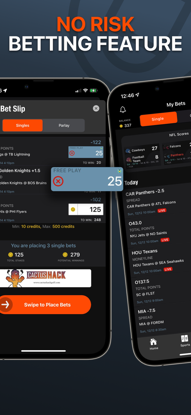 The bet slip: singles or parlay, stakes in credits, swipe to place
